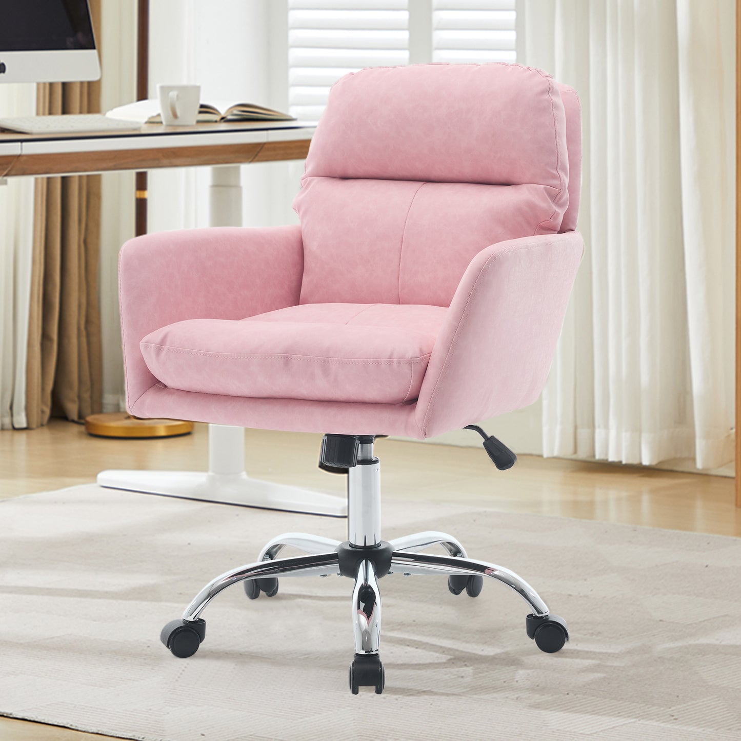 Pink Adjustable Office Chair with PU Leather and Black Base