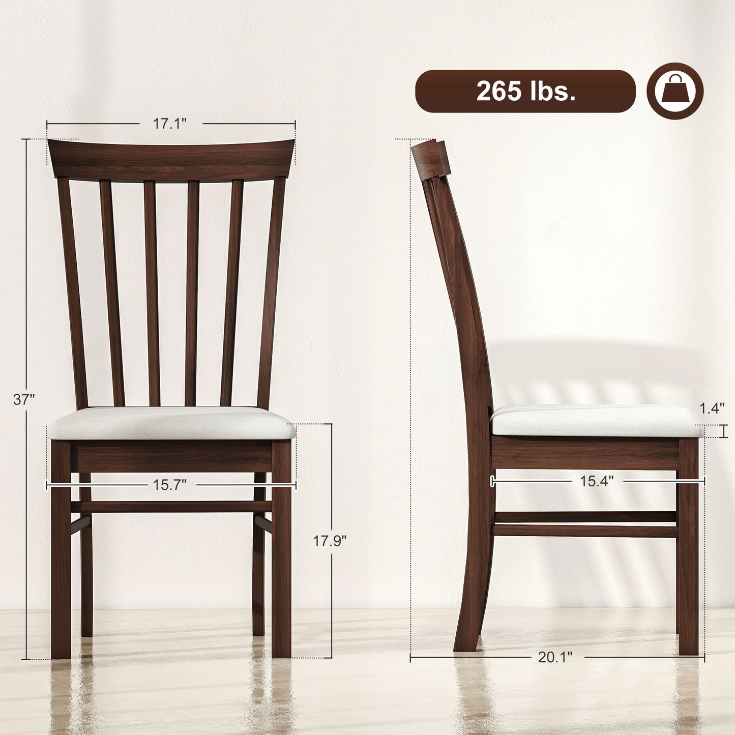 Set of 2 Upholstered Wooden Dining Chairs - Dark Brown & Beige