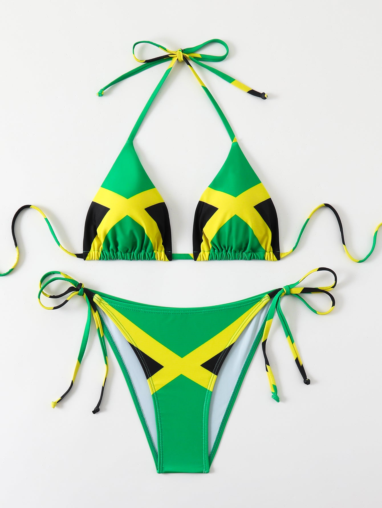 Jamaica Flag Print Triangle Bikini Set - Halter & High Cut Bottom