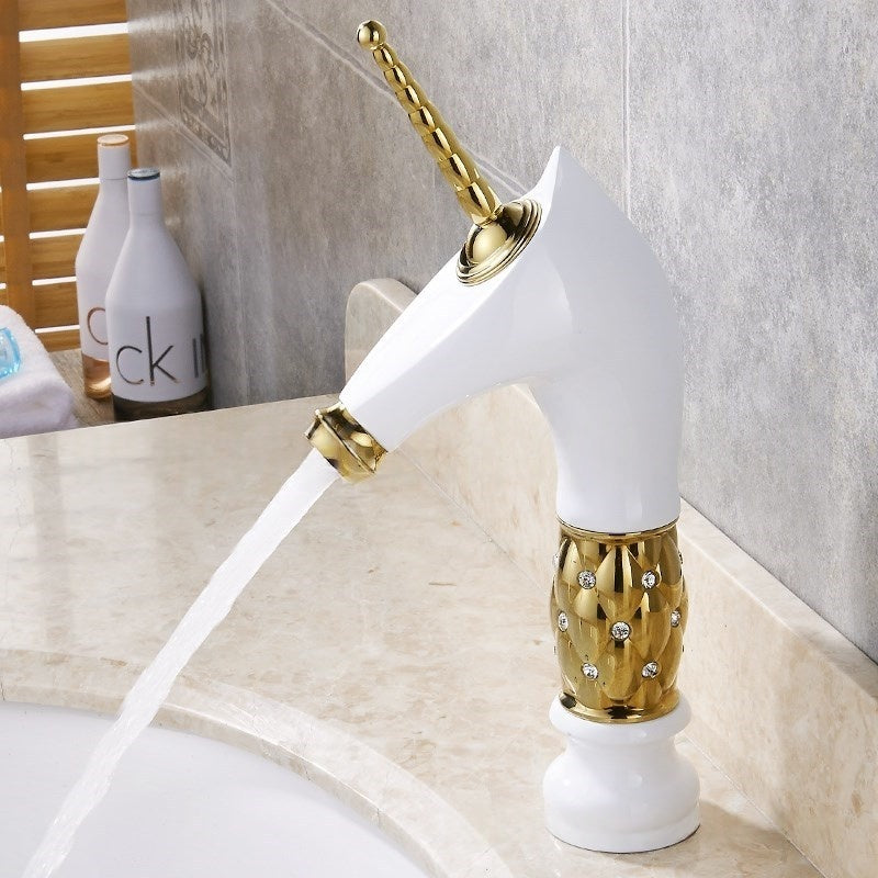 Copper Gold Horse-Head Basin Faucet with Diamond Accents - Light Luxury Bathroom Tap