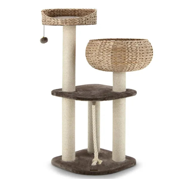 41 Inch Hand-Woven Water Hyacinth Cat Tree with Sisal Posts Multi-Level Activity Center - Brown