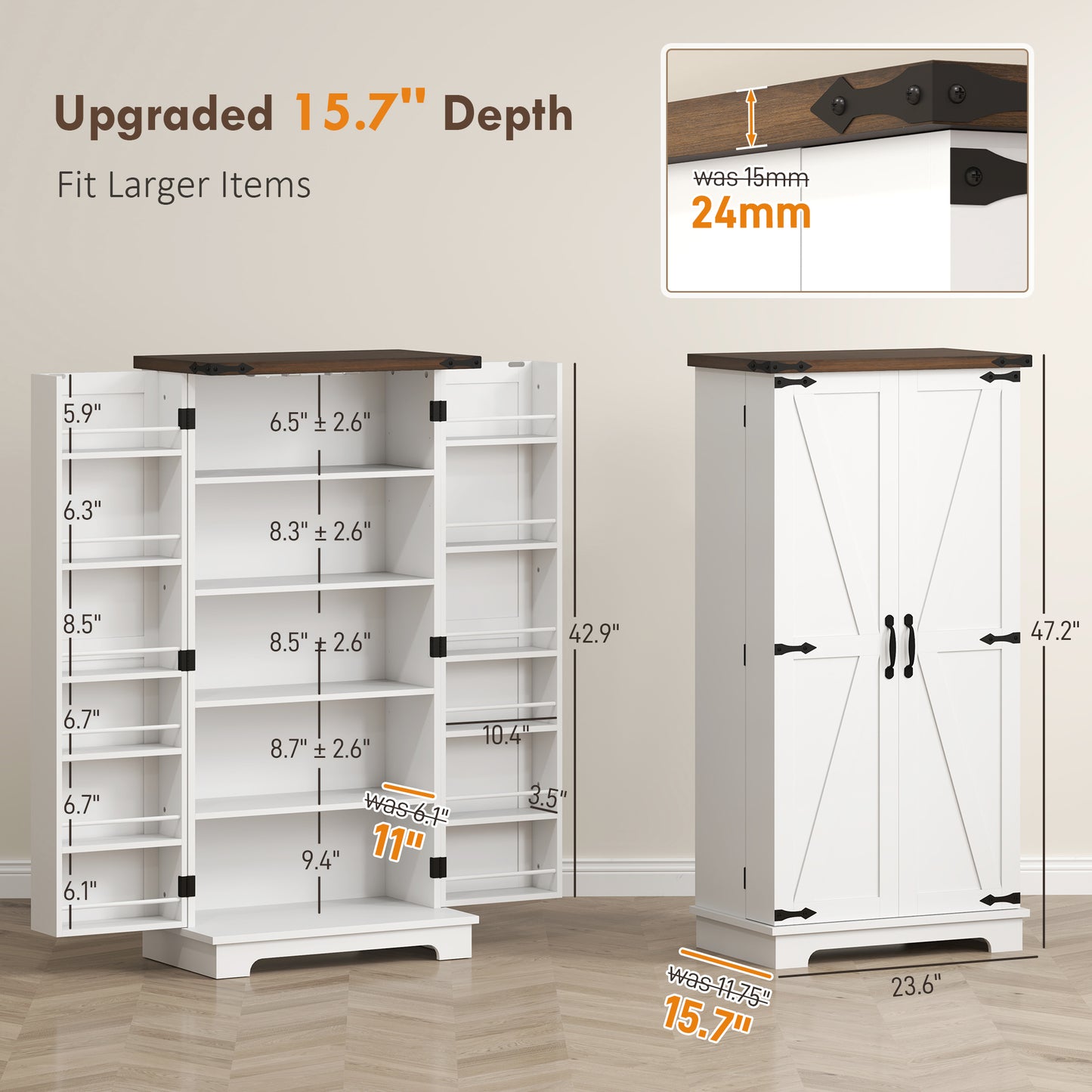 47" White Kitchen Pantry Cabinet with LED Light & Adjustable Shelves
