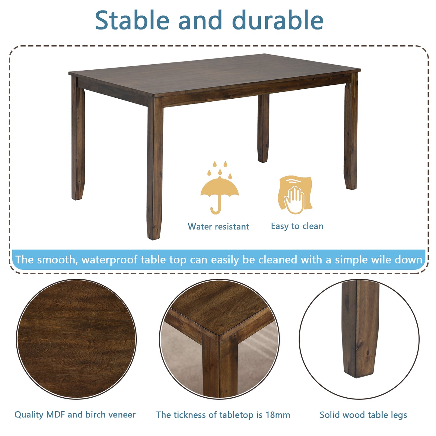 Walnut Rectangular Dining Table for 4 - Solid Acacia Wood