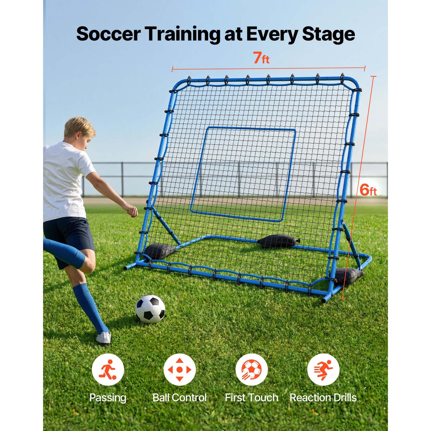 Soccer Rebounder Net 7x6 Ft Heavy-Duty Iron Frame for Passing Control Training