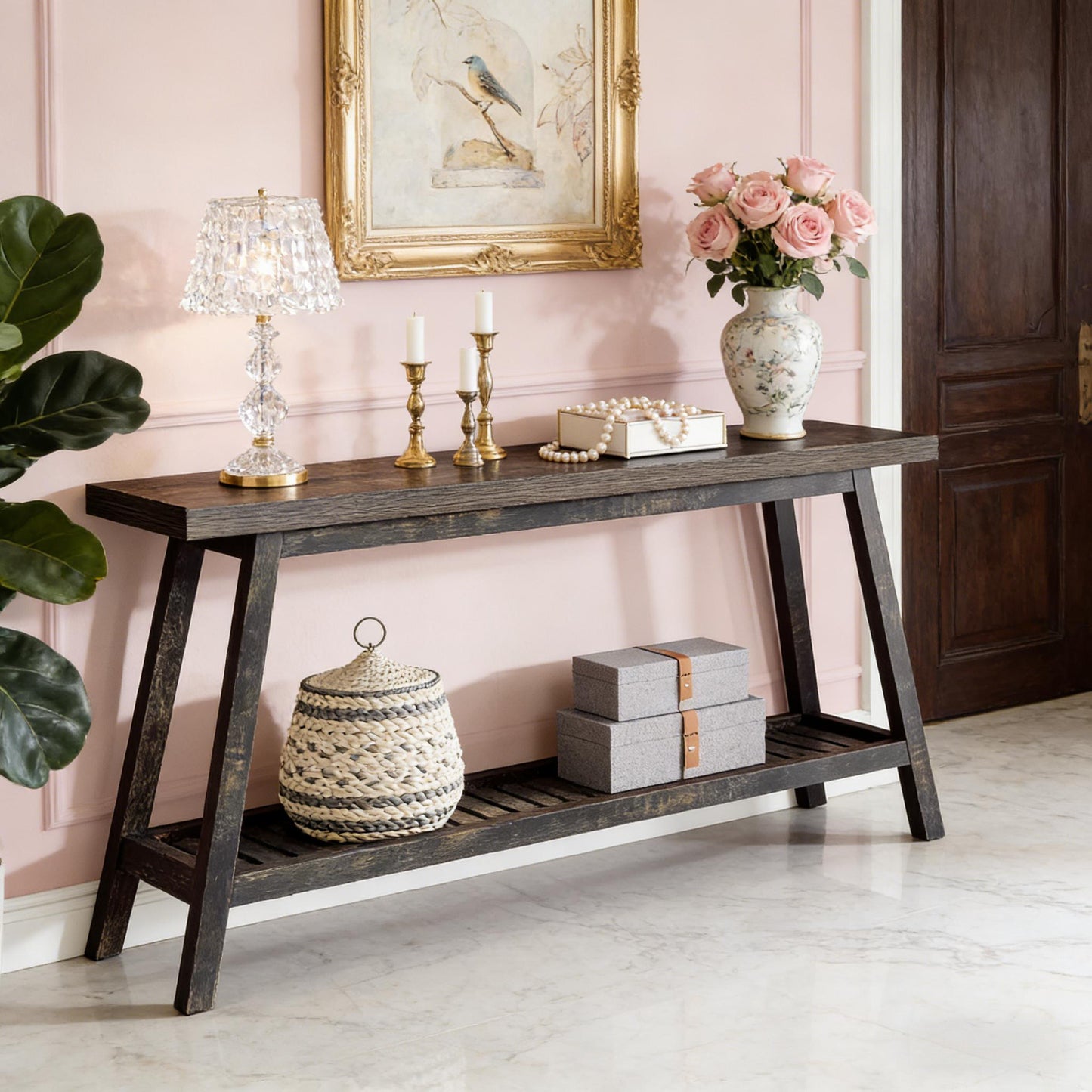 2-Tier Console Table - Rustic Farmhouse Side Table - Dark Brown