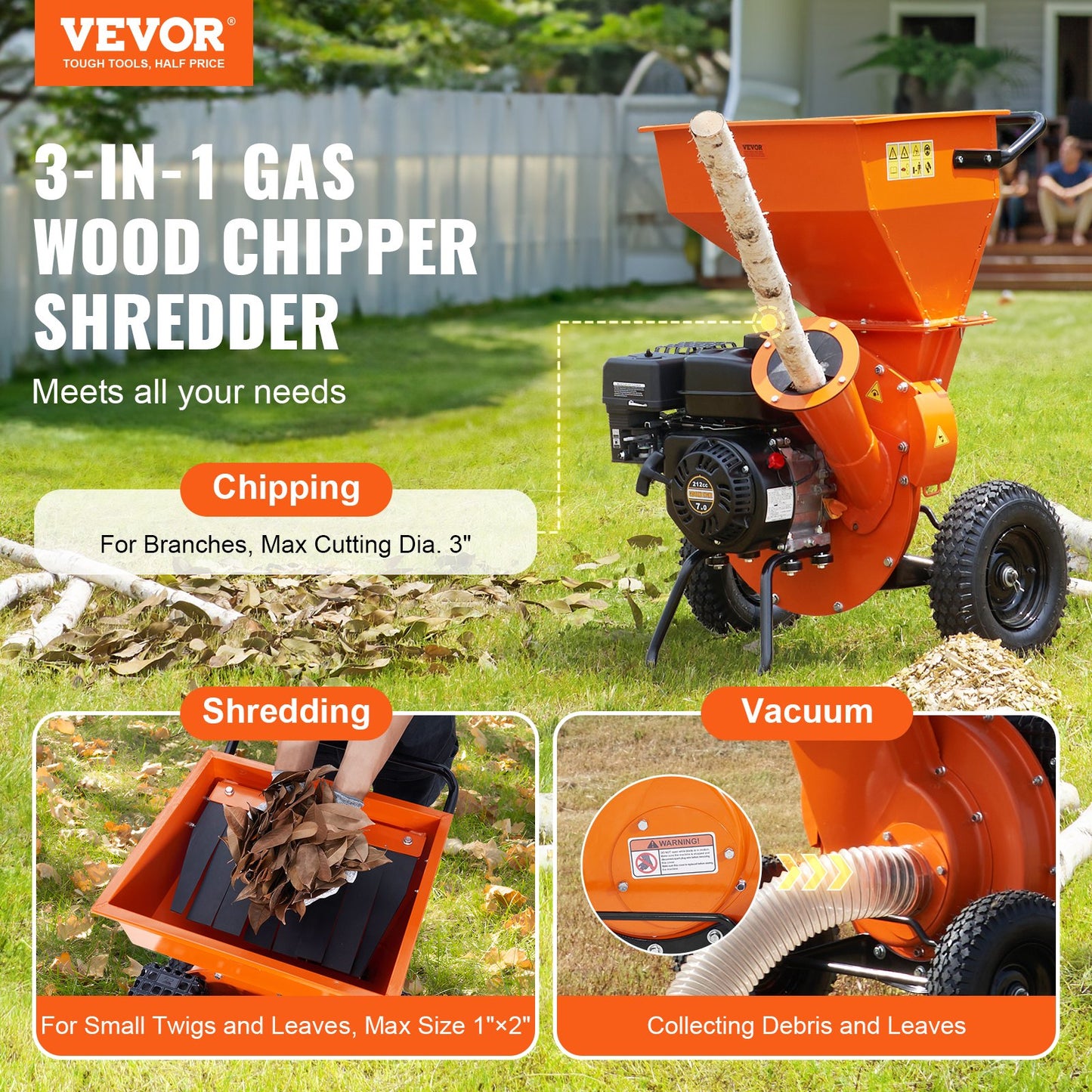 Heavy Duty Gas-Powered Wood Chipper Shredder Mulcher 7HP 3-In-1 Garden Equipment