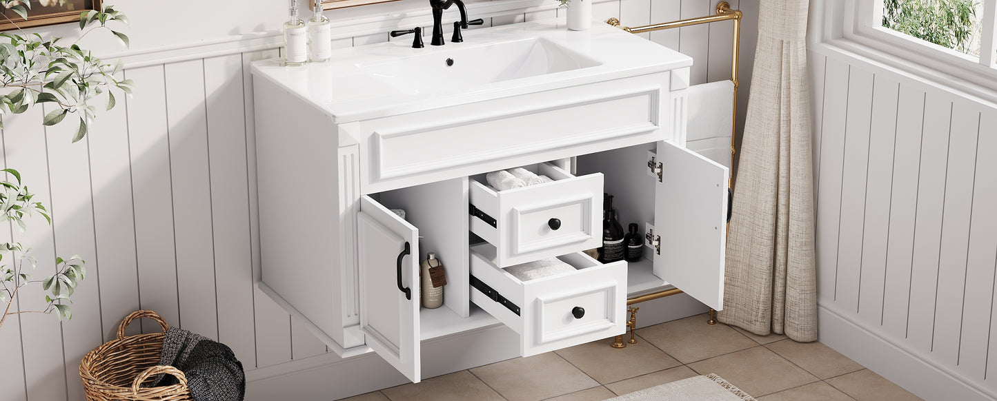 36-Inch Wall-Mounted Bathroom Vanity with Ceramic Sink - White