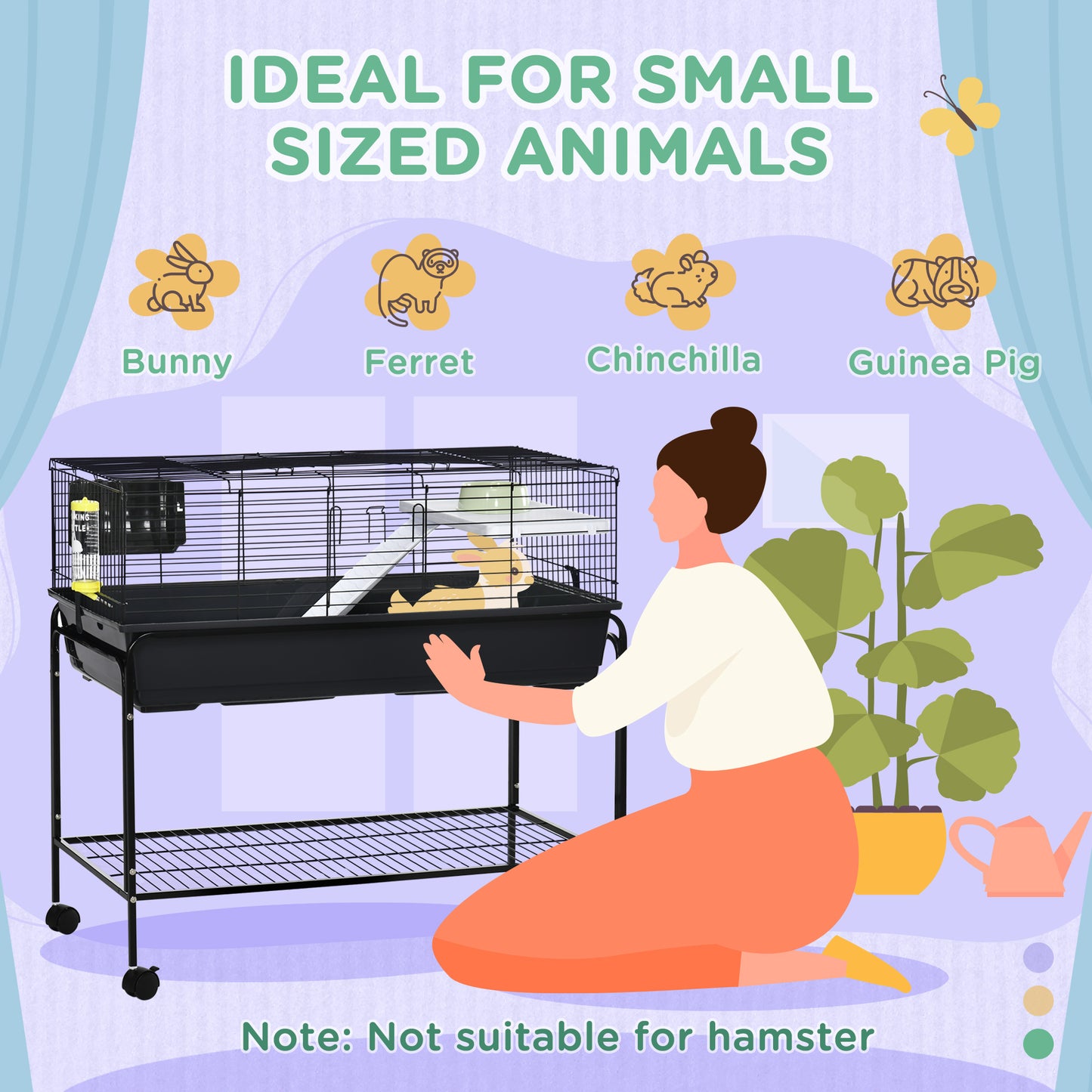 Small Animal Cage with Removable Stand, Wheels & Shelf for Guinea Pig, Hedgehog & Ferret - 39x20.5x36.5 Inches, Grey