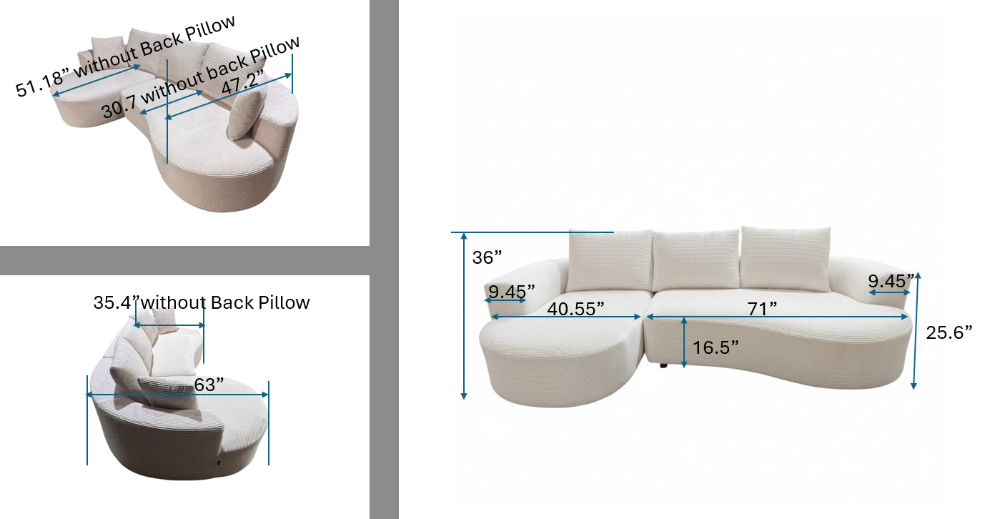 Curved Modular Sectional Couch 2 Piece Set With Pillows, Minimalist