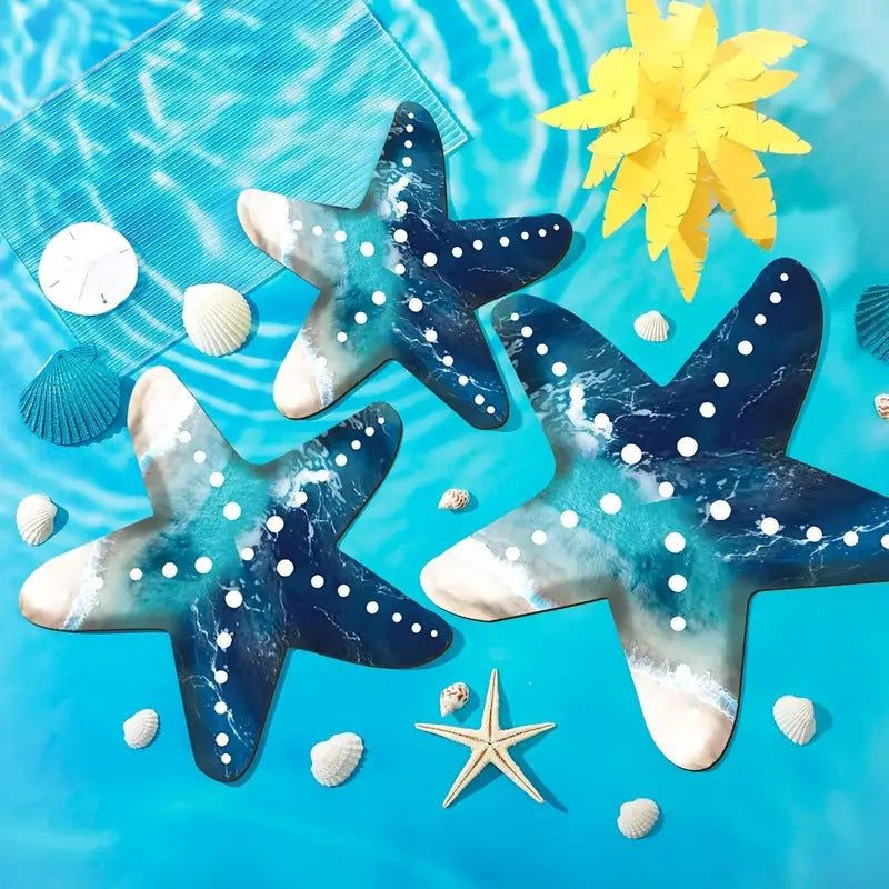 Wooden Decorative Ornament Set with Starfish Wave and Polka Dot Pattern - Modern Minimalist Home Decor