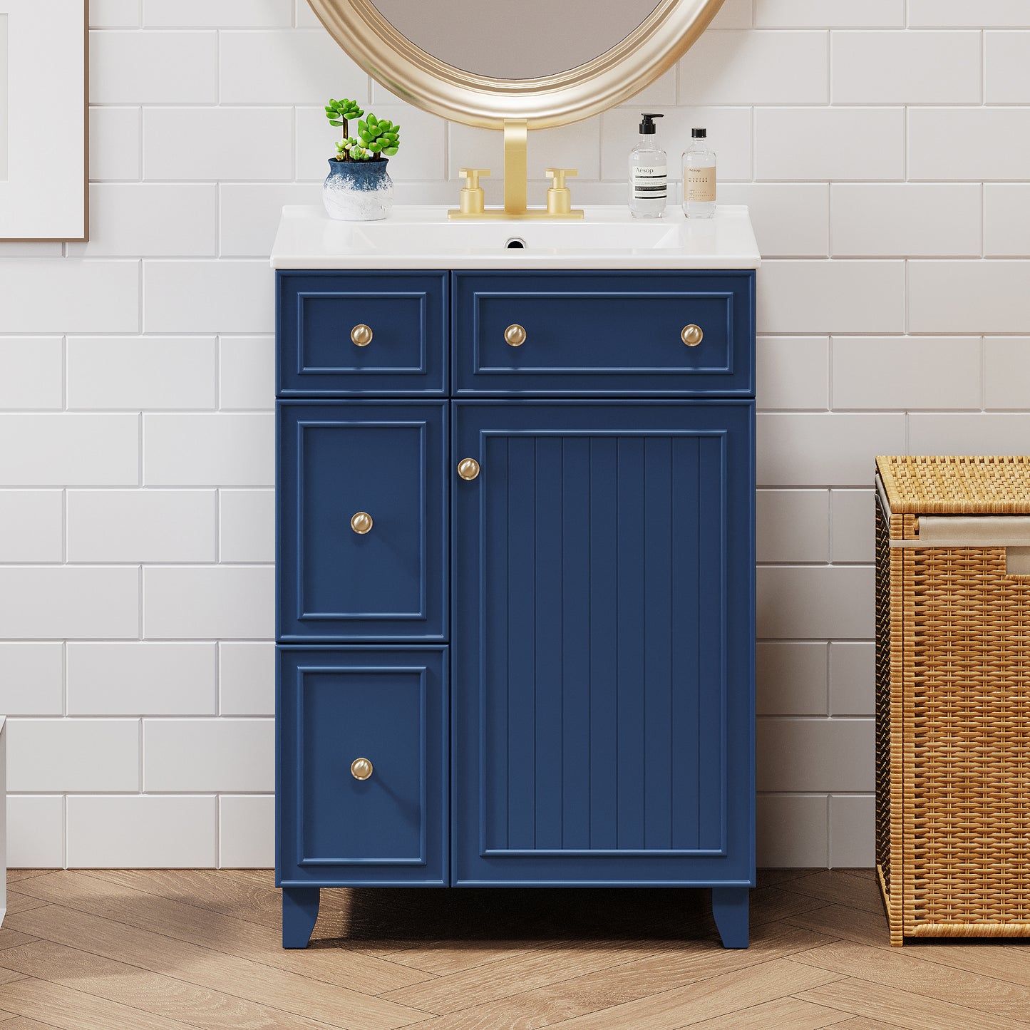 24-Inch Blue Bathroom Vanity Cabinet with Ceramic Sink & Drawers