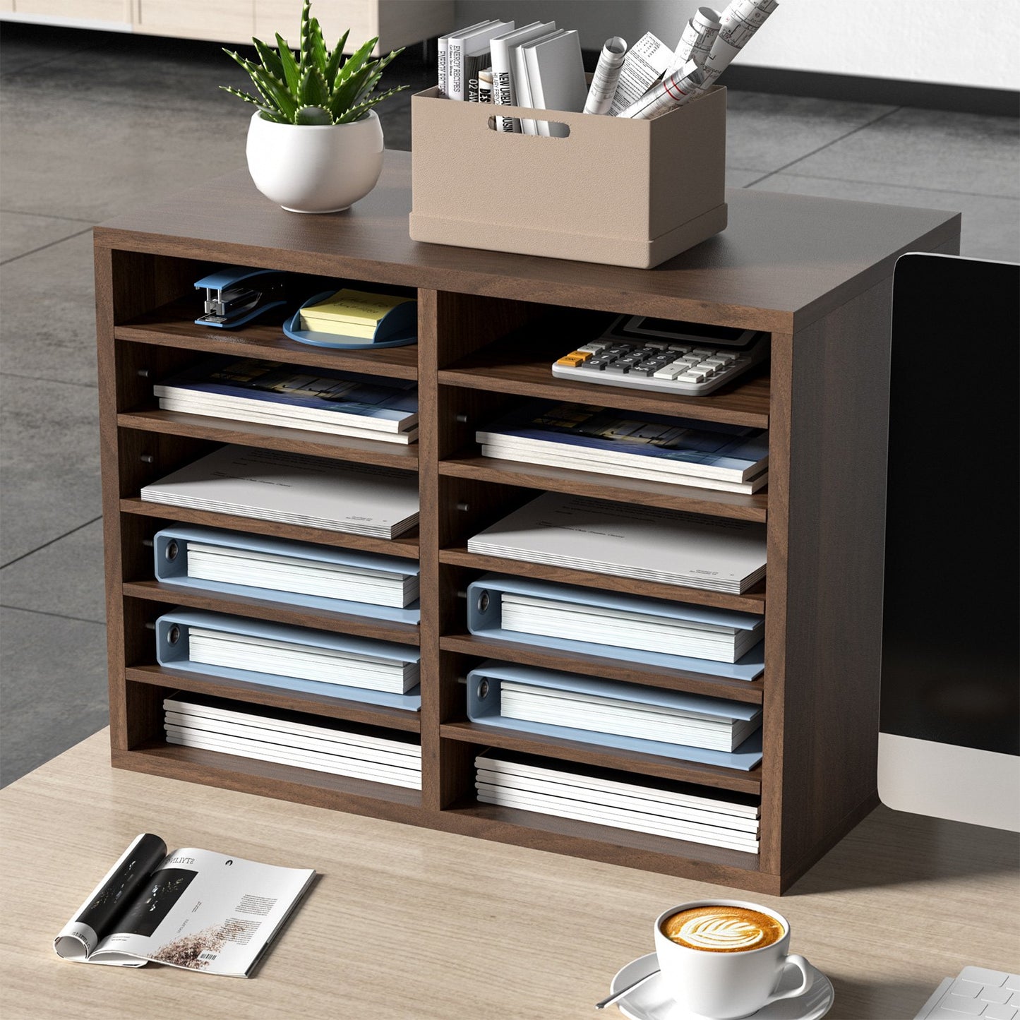 Wood Literature Organizer with 12 Compartments - Adjustable Shelves