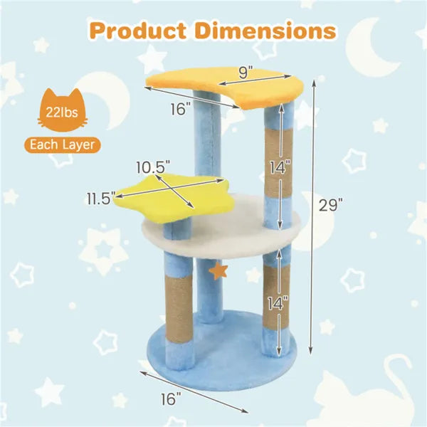 29-Inch Moon & Star Cat Tree with 4 Levels, Scratching Posts & Anti-Tip Blue