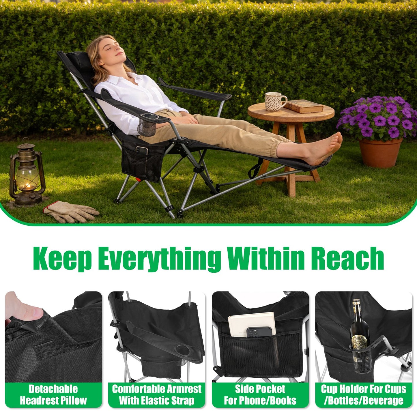 Adjustable Reclining Camping Chair with Footrest & Cup Holder