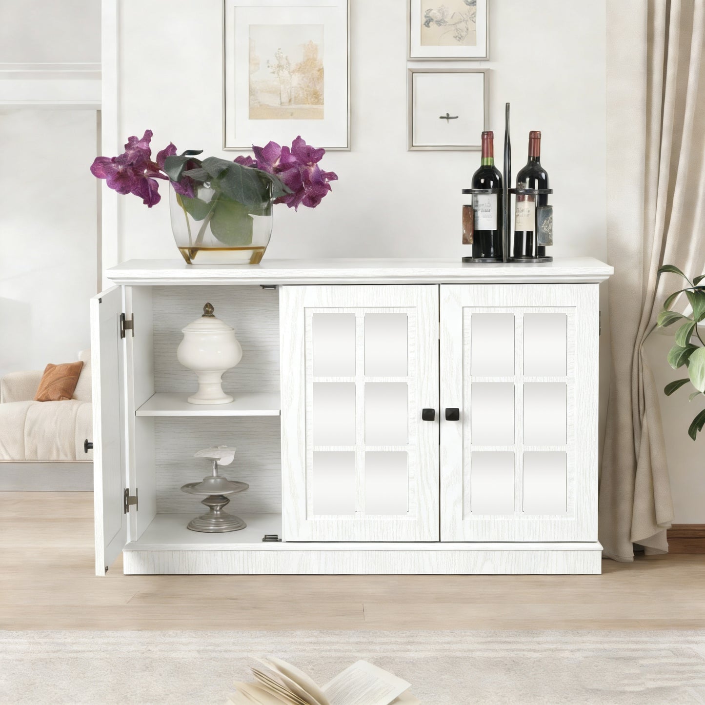 45 Wide Storage Cabinet With 3 Mirrored Acrylic Doors, Sideboard