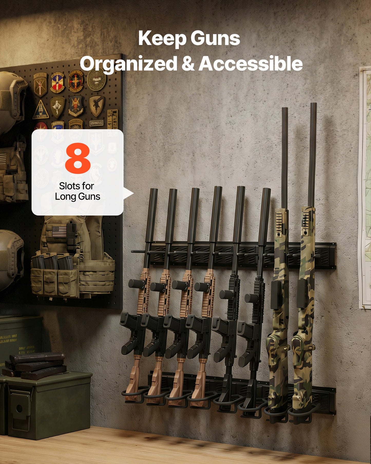 Heavy Duty Steel Wall Mount Gun Rack - Holds 8 Long Guns, Black