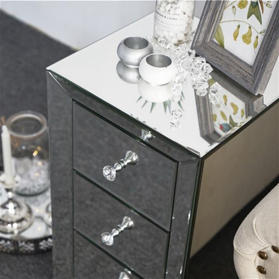 Mirrored Glass Bedside Table with 3 Drawers - Silver