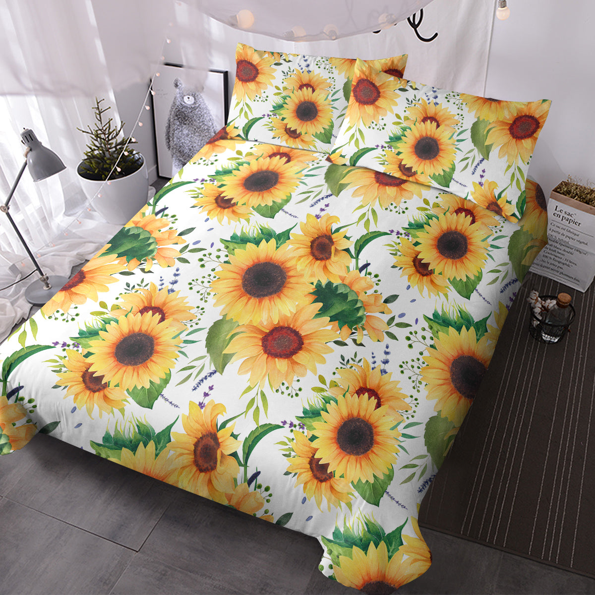 Sunflower Duvet Cover Set - Plant Comforter Cover with Pillowcases - Retro Yellow Flower Bedding