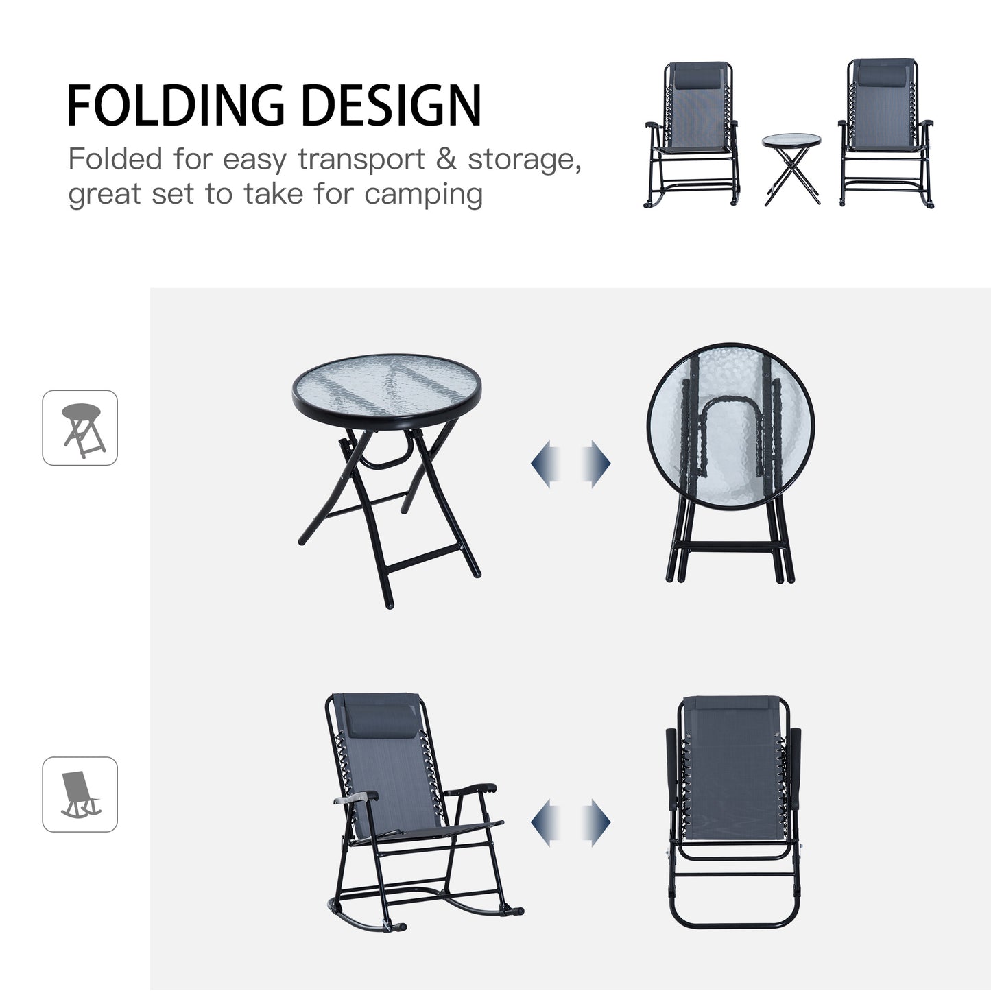 Outdoor Folding Rocking Chair Set with Side Table - Gray