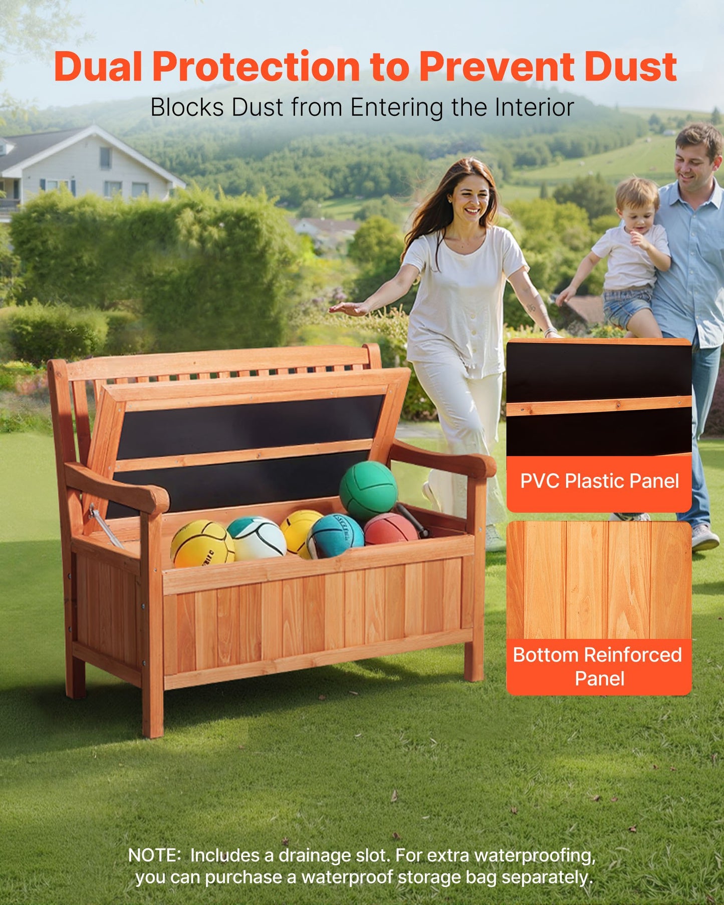 Outdoor Wooden Storage Bench and Seating, Waterproof Deck Box for Garden