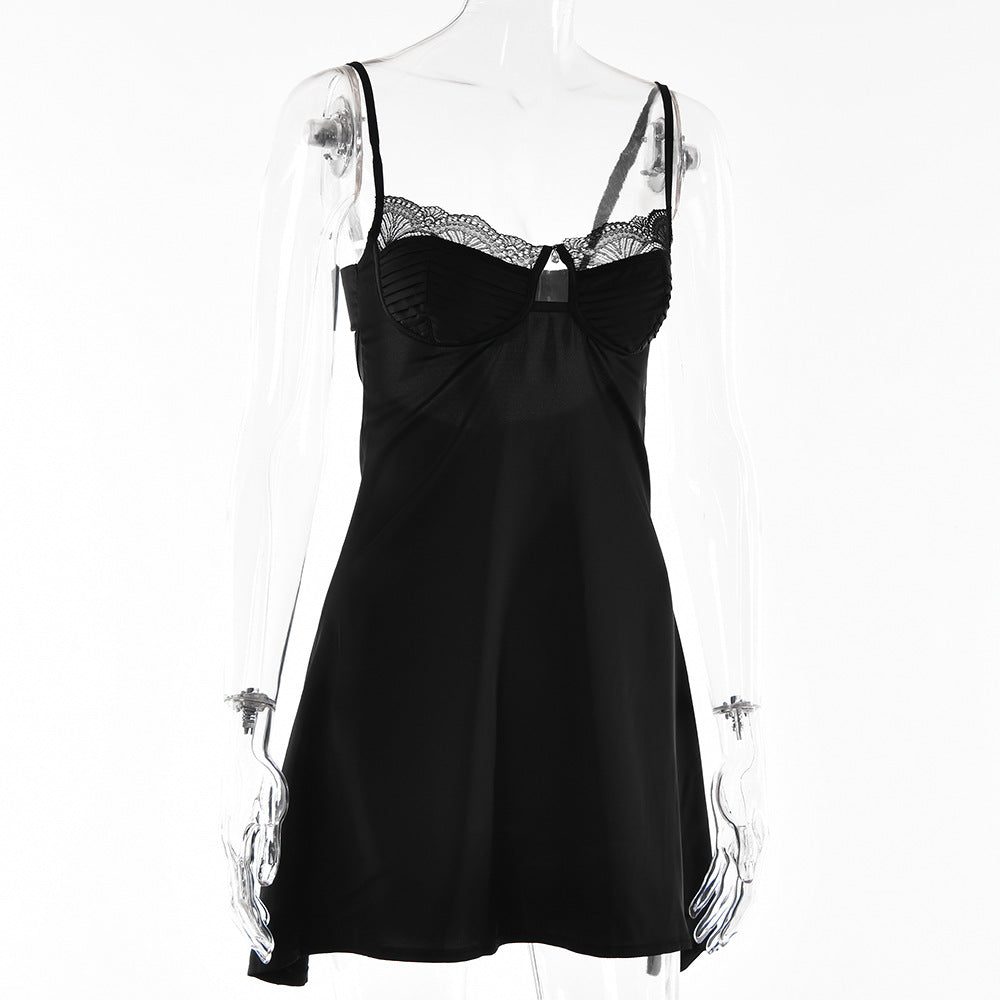 Lace Splicing Sling Short Dress with Low-Cut Design