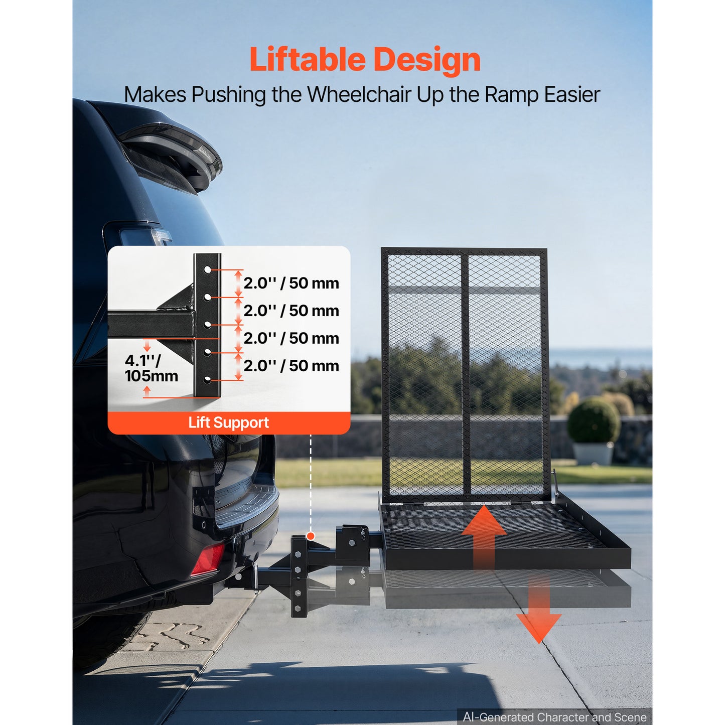 Adjustable Wheelchair Carrier with Folding Ramp 500LBS Cargo Basket for 2-Inch Hitch