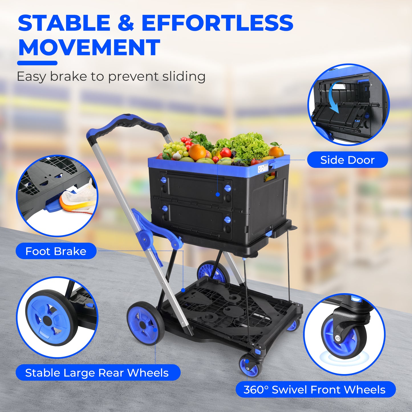 Heavy Duty Collapsible Shopping Cart with Wheels - Blue & Black