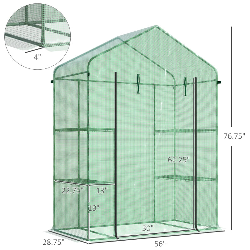 Walk-In Greenhouse with 3 Tiers Shelves, Roll-Up Door & PE Cover - Green