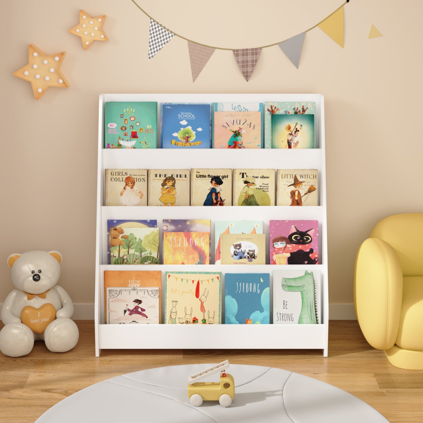 4-Tier Kids Bookshelf - White MDF Book Display Organizer