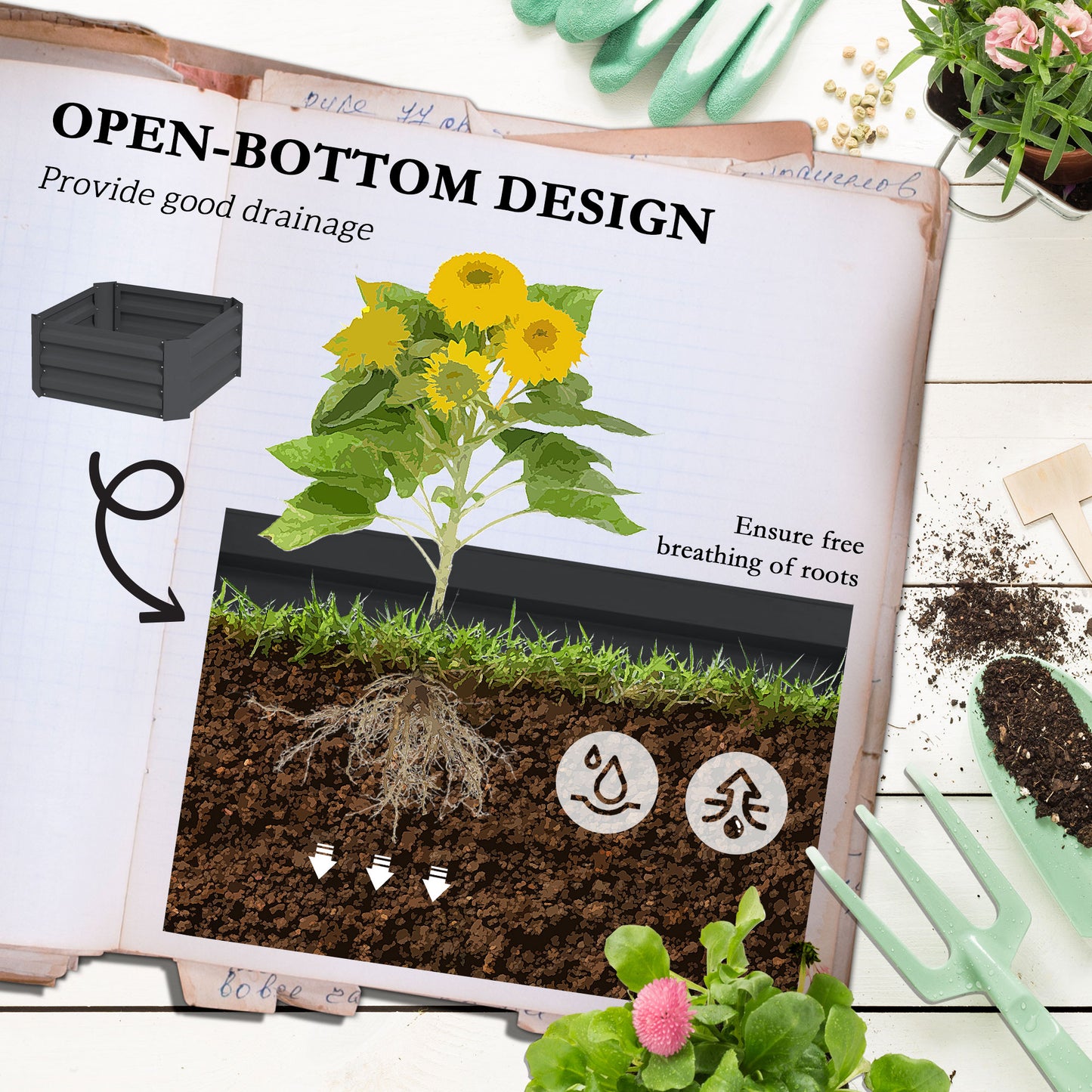 Galvanized Raised Garden Bed with Tomato Cage - 24x24x55 Inches, Dark Gray