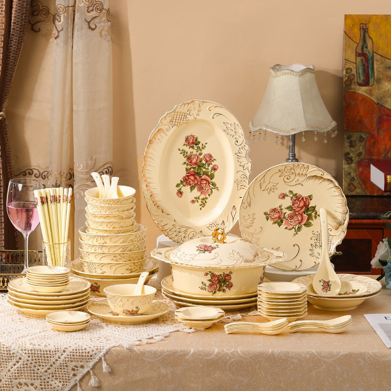 European-Style Ceramic Rice & Soup Bowls Set of 2 - Flower Pattern, Retro Kitchen Tableware