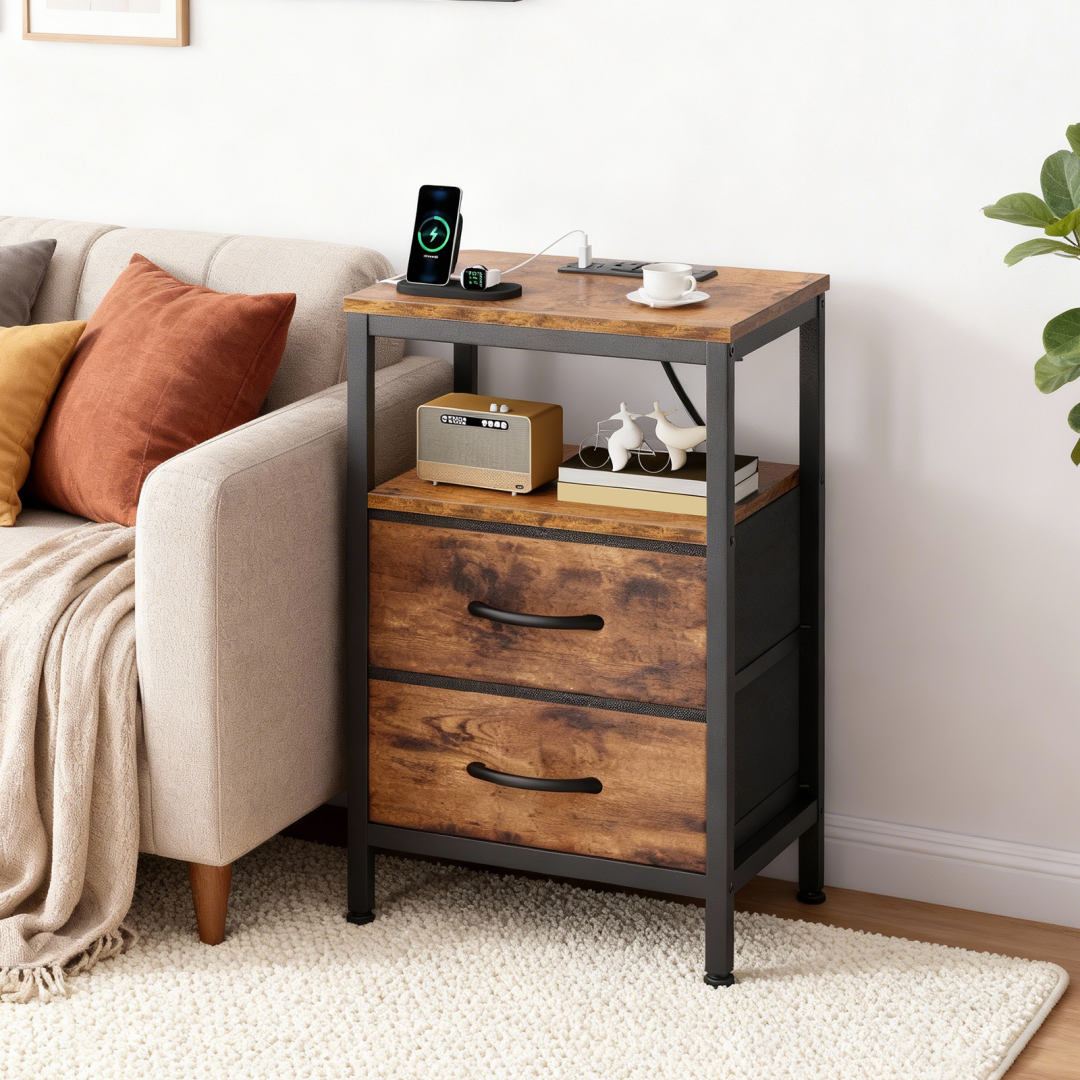 Compact Bedside Table with Charging Station & Fabric Drawers - Brown