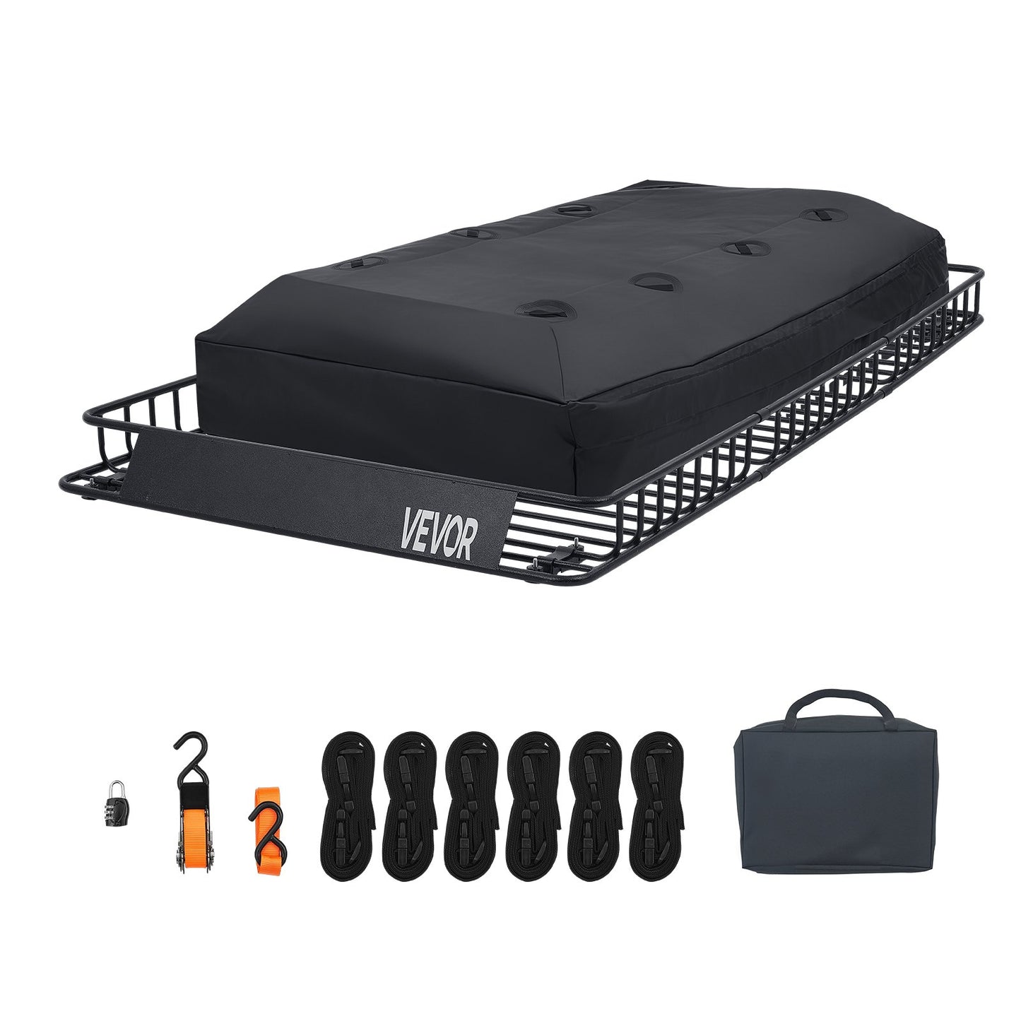 Heavy Duty Roof Rack Cargo Basket 90x50x6in with Waterproof Bag & Ratchet Straps
