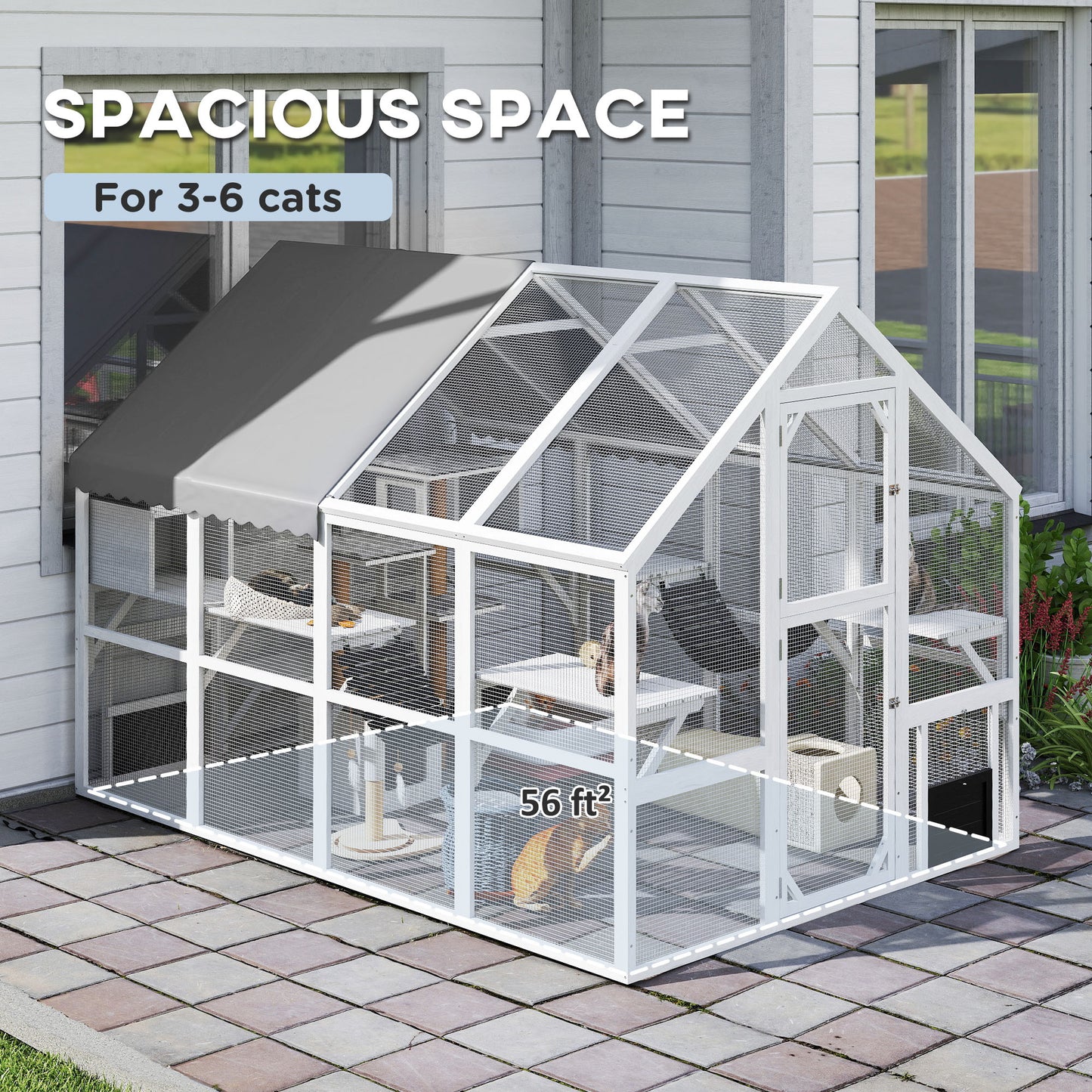 Outdoor Wooden Cat Enclosure with Waterproof Cover, 2 Condos & 6 Platforms