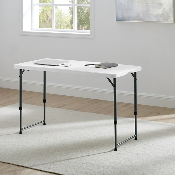 4-Foot Folding Plastic Table - Adjustable Height, White