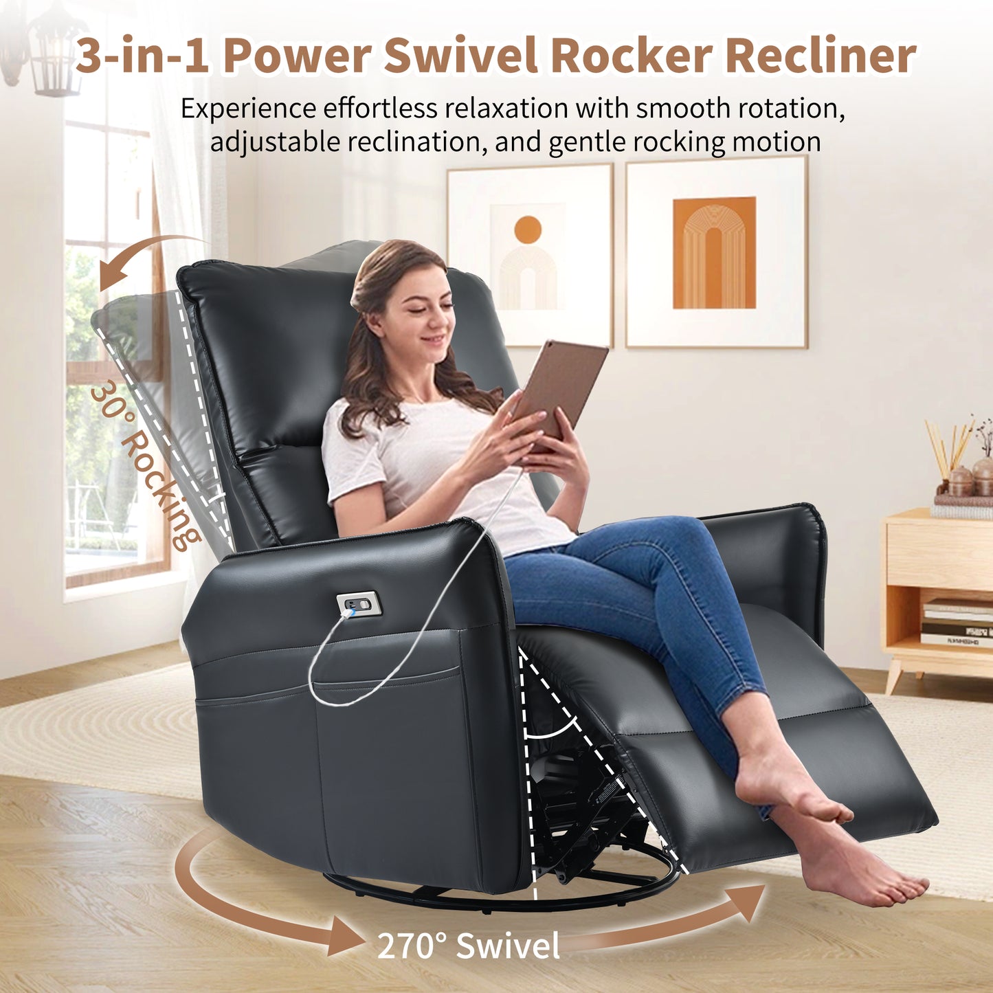 Power Swivel Rocker Recliner Chair for Adults - Black PU