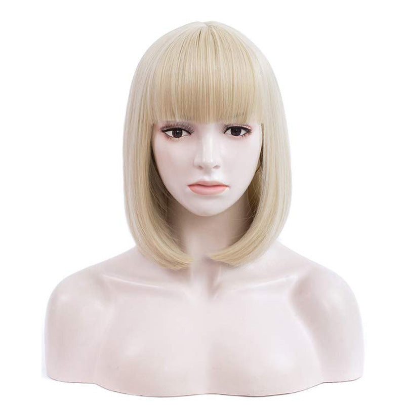 Women's Short Straight Hair Wigs with Bangs - Synthetic Fiber, Multiple Colors