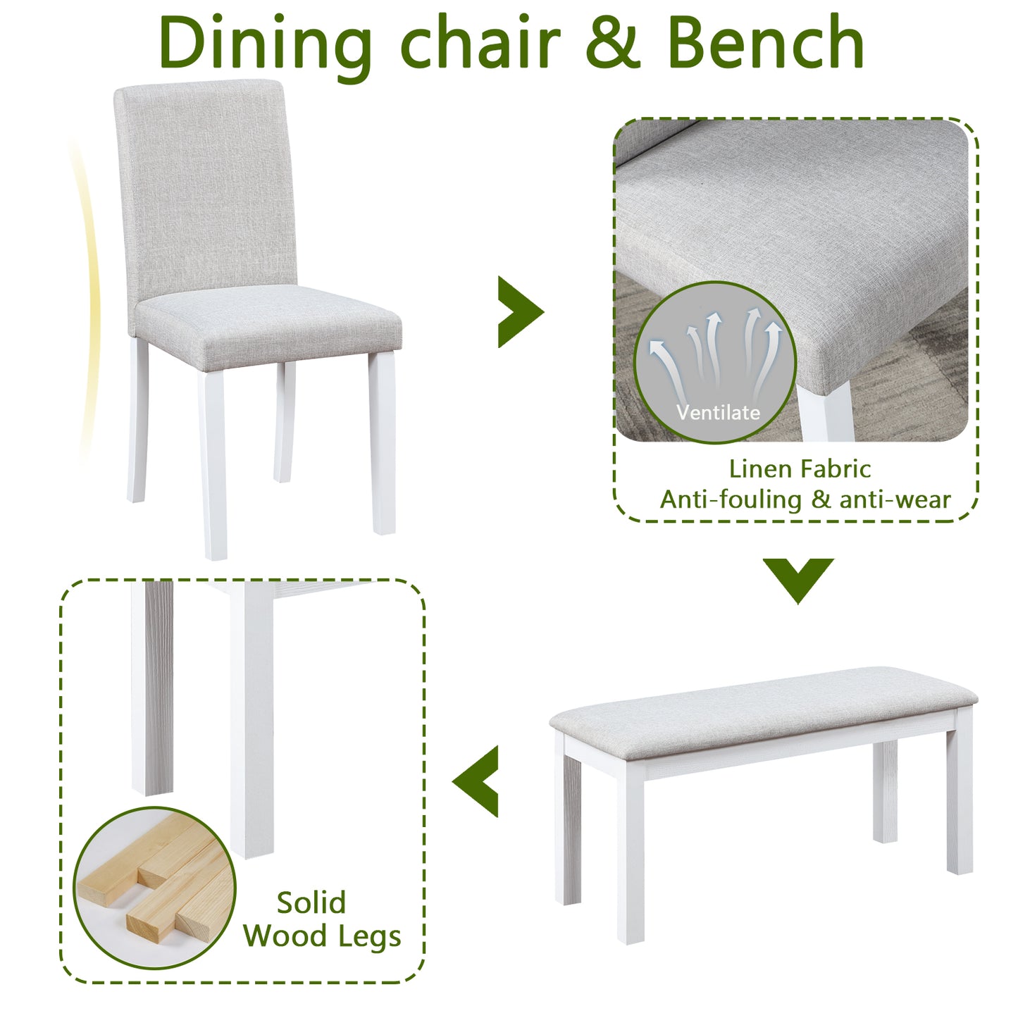 6-Piece Wooden Dining Table Set with 4 Chairs & Bench - White
