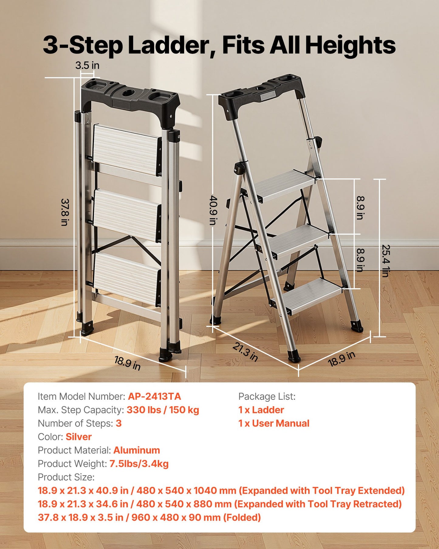 Foldable Aluminum Step Ladder - 3 Step Stool with Anti-Slip Pedal, Handgrip, 330 lbs Capacity, Portable for Home & Office, Black