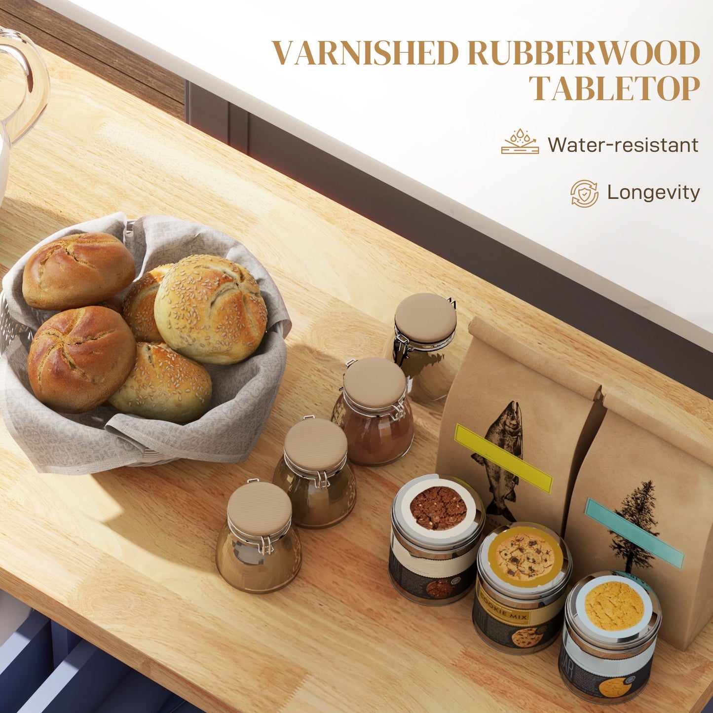 Rolling Kitchen Island on Wheels with Rubberwood Top and Storage - Navy Blue