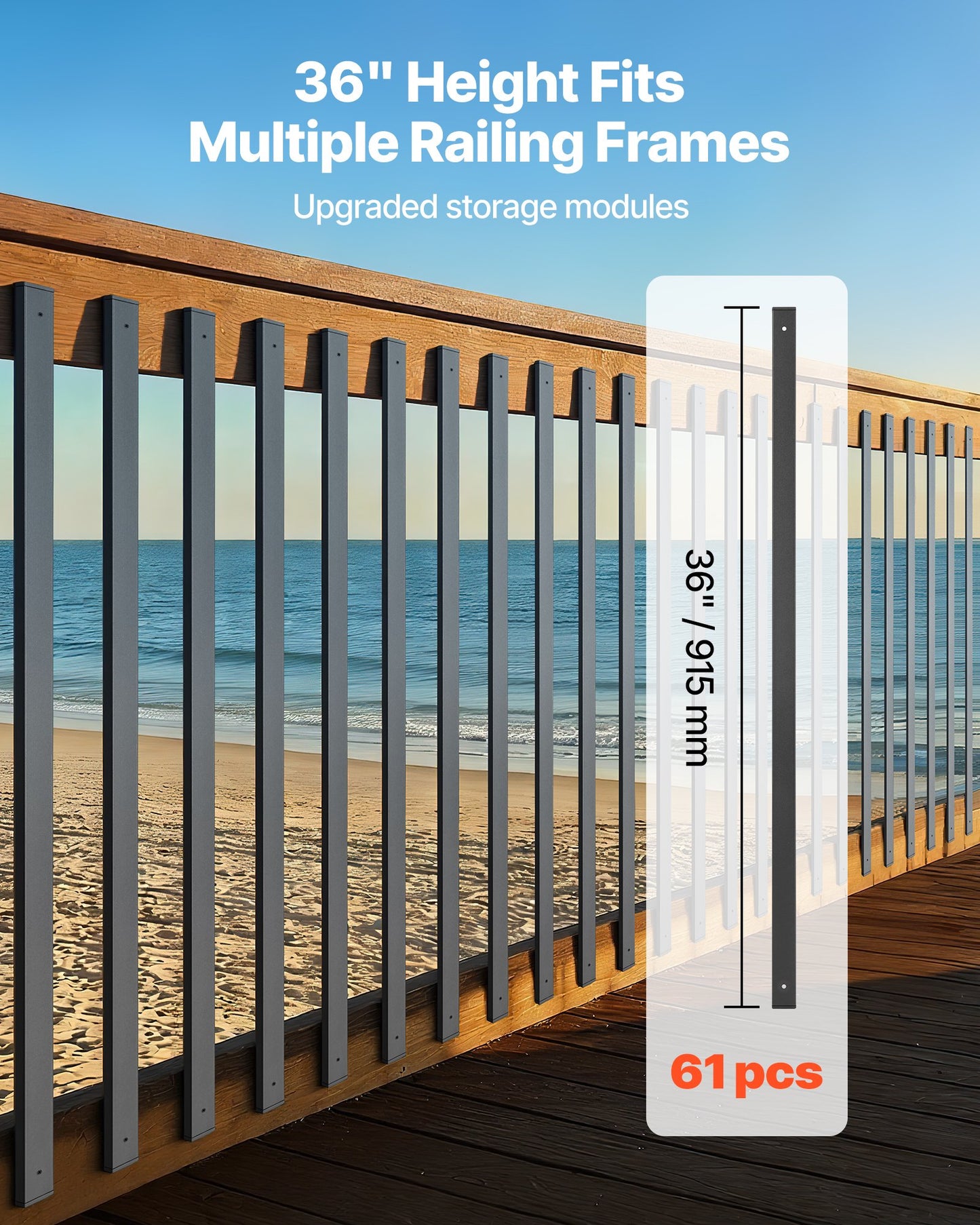 Galvanized Steel Deck Balusters 36 Inch Black Hollow Rectangle Railing Spindles with End Caps & Screws