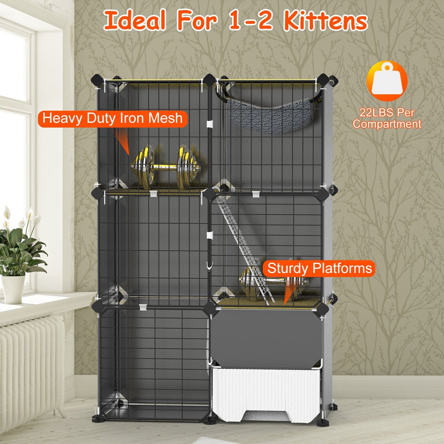 Indoor 3 Tier Cat Cage with Litter Box, Hammock, and Play Areas for Kittens