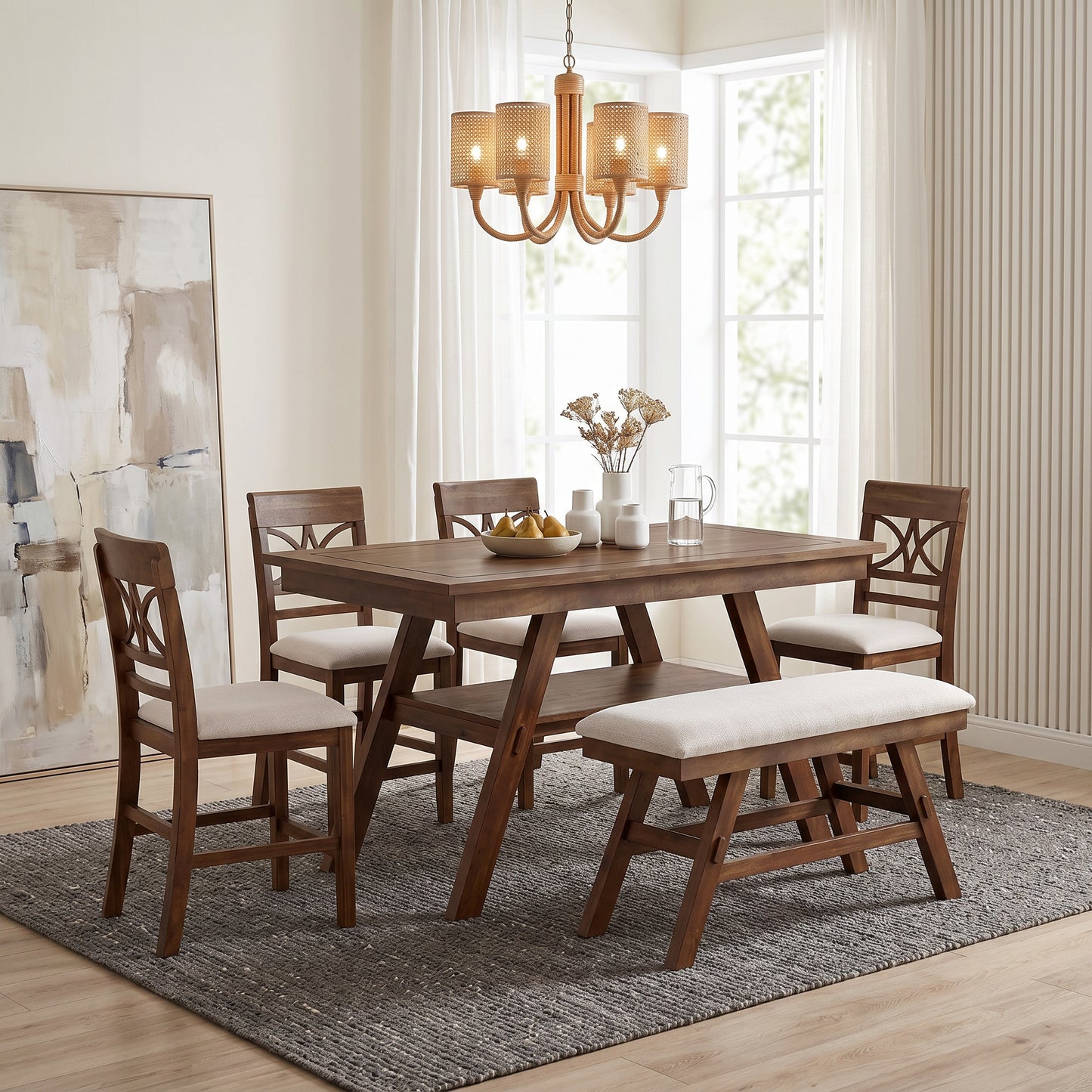 Counter Height Dining Table Set with Storage Shelf - 6 Pieces, Walnut