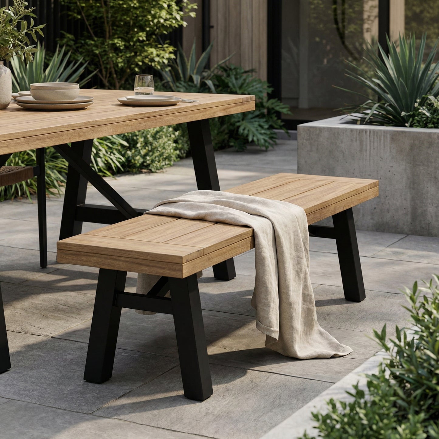 Outdoor Bench with Slat Panel Design - Grey Acacia Wood Frame