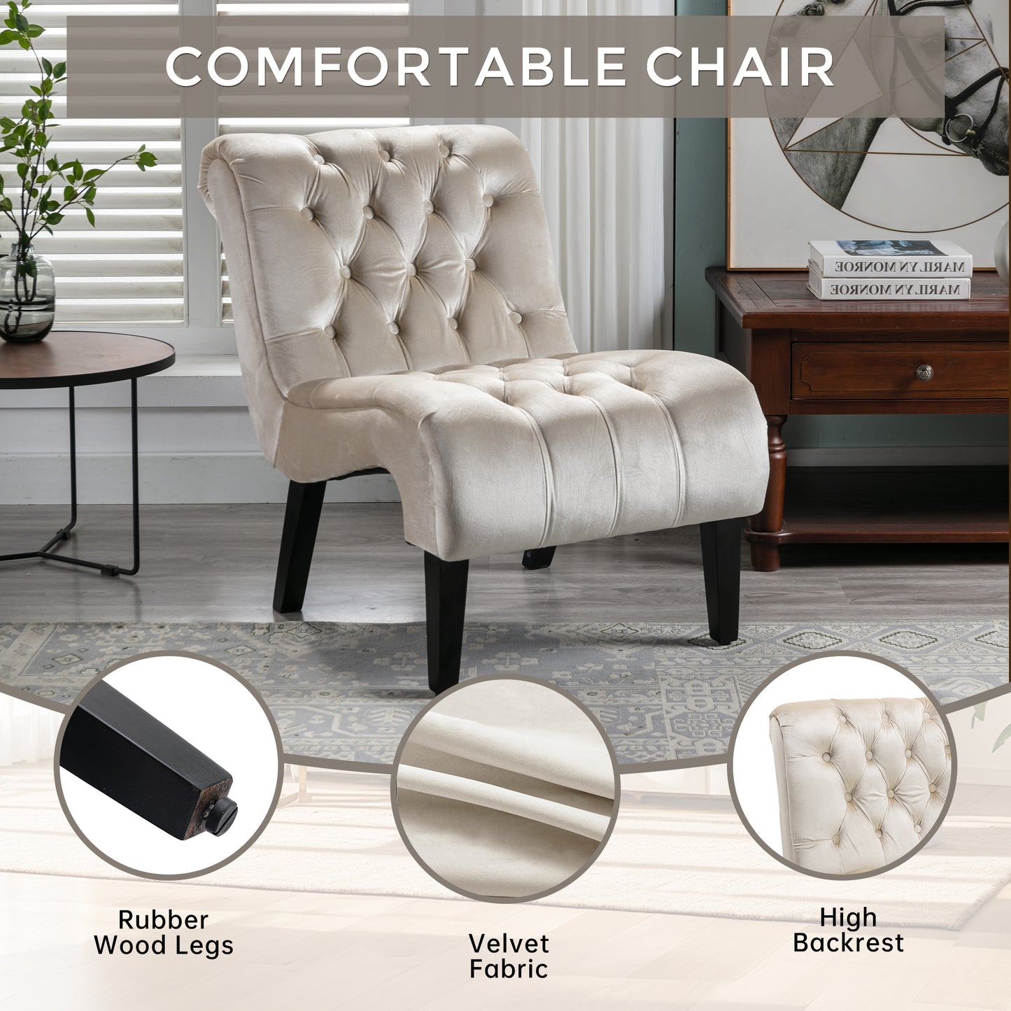 Modern Velvet Armless Accent Chair - Beige Upholstered