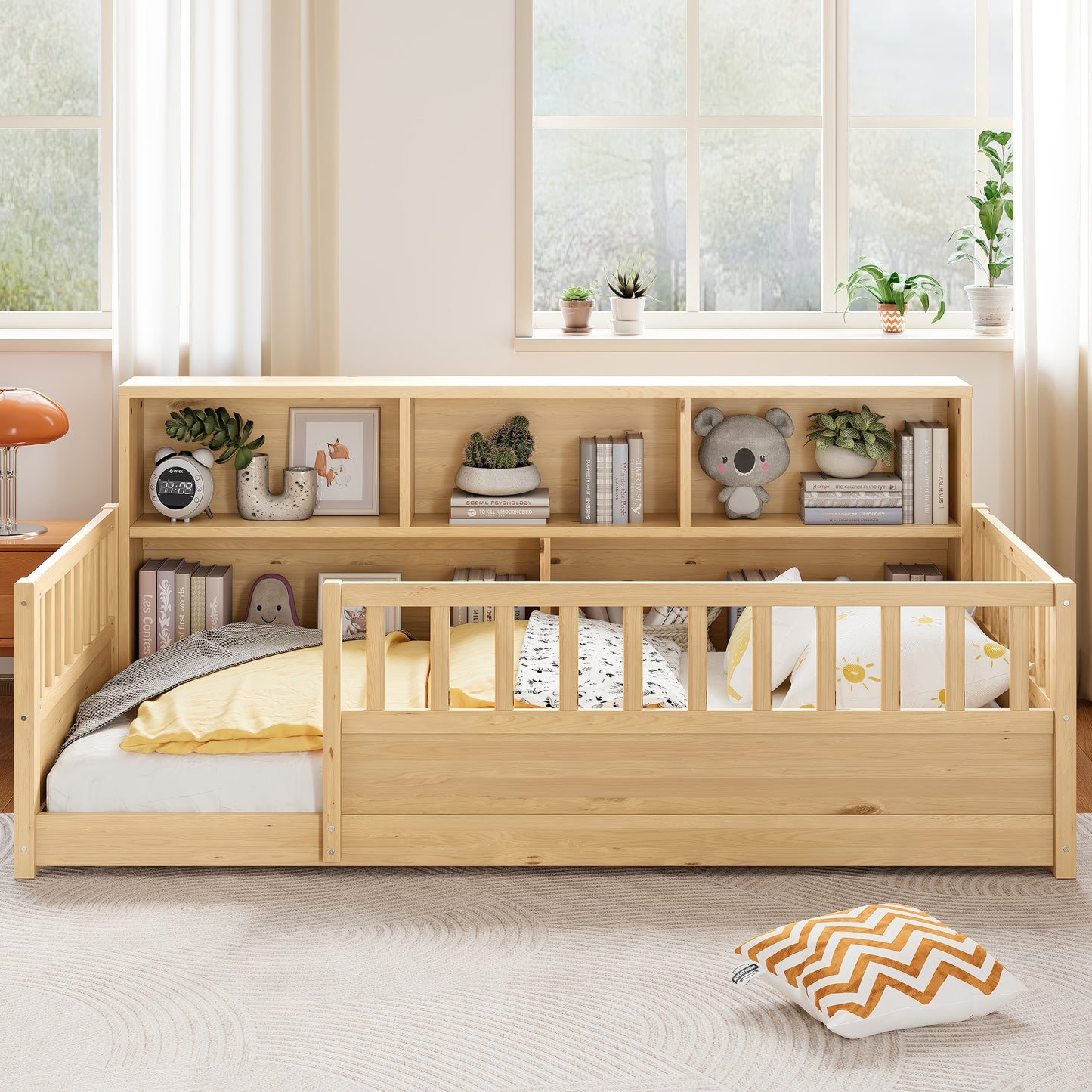 Twin-Sized Wooden Floor Bed with Fence Guardrail & Storage