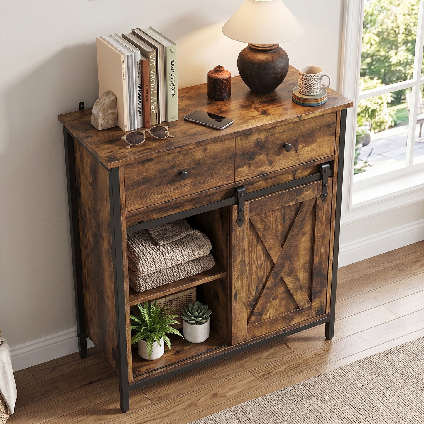 Farmhouse Buffet Cabinet with Sliding Barn Door & Adjustable Shelves