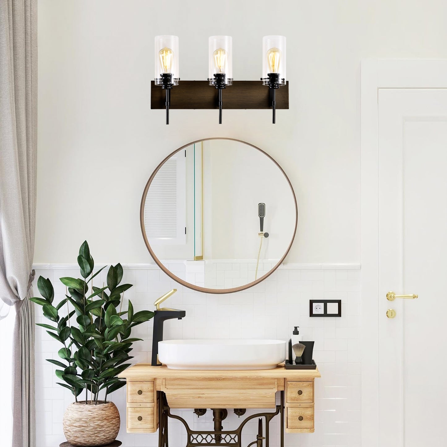 3-Light Matte Black Wood Bathroom Vanity Light with Glass Shades