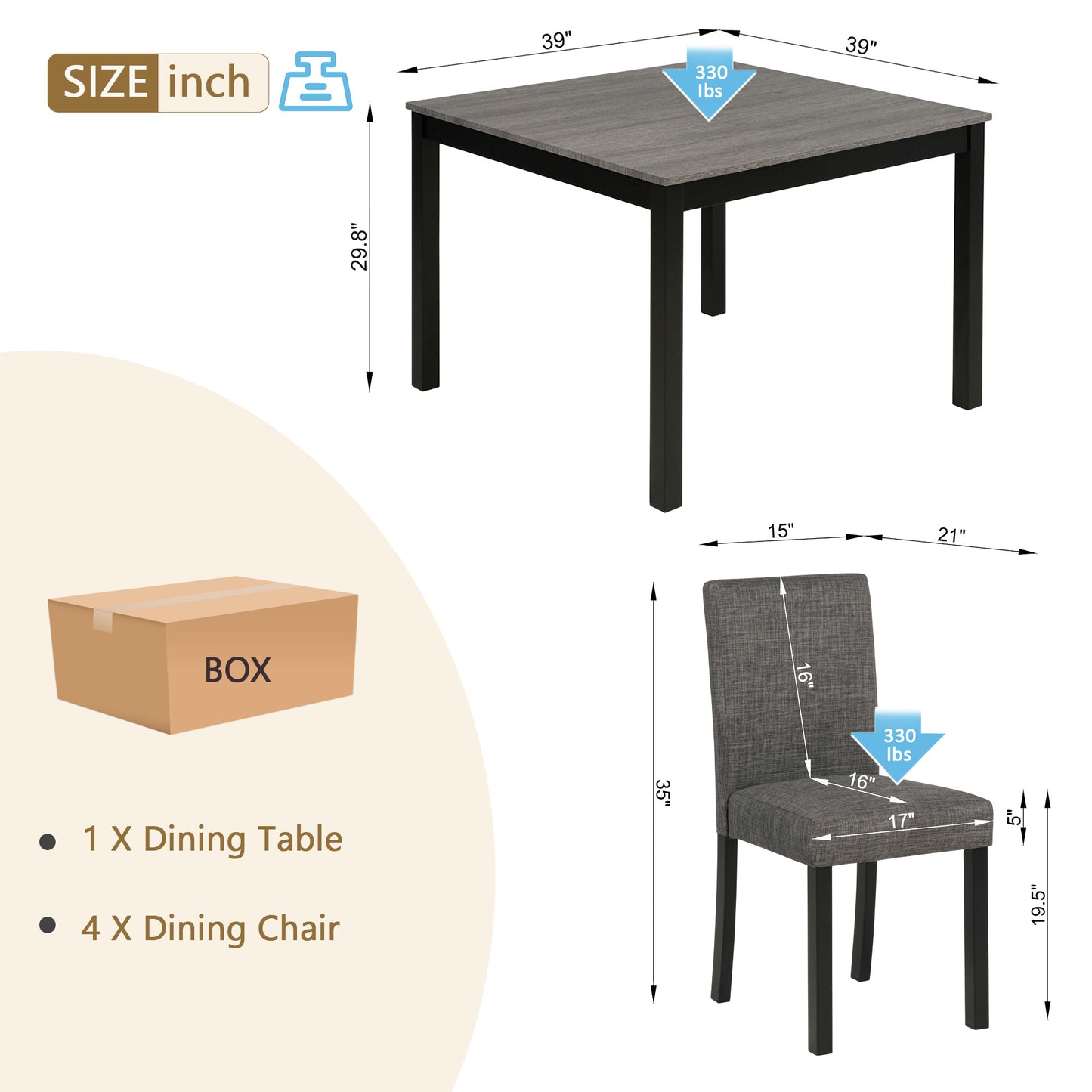 5-Piece Dining Table Set with 4 Chairs - Light Grey & Black