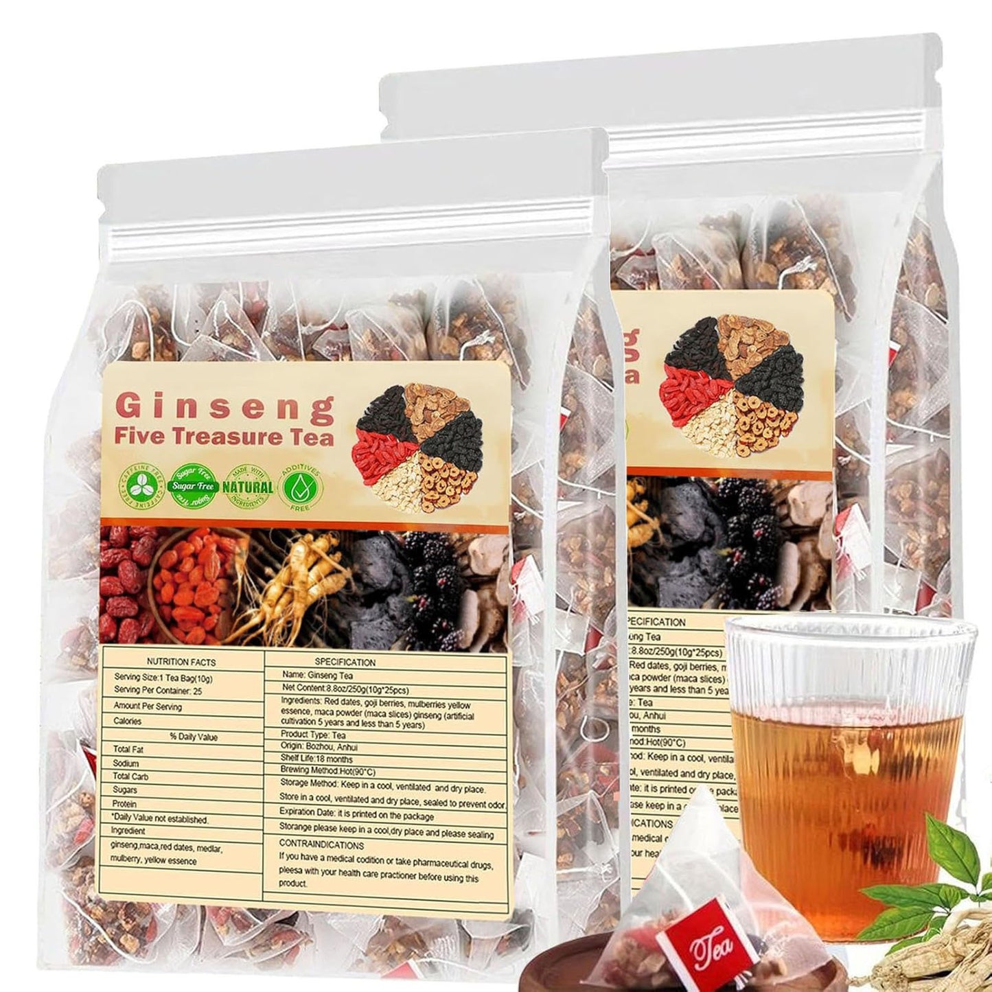 Ginseng Five Treasure Herbal Tea - 25 Natural Detox Tea Bags
